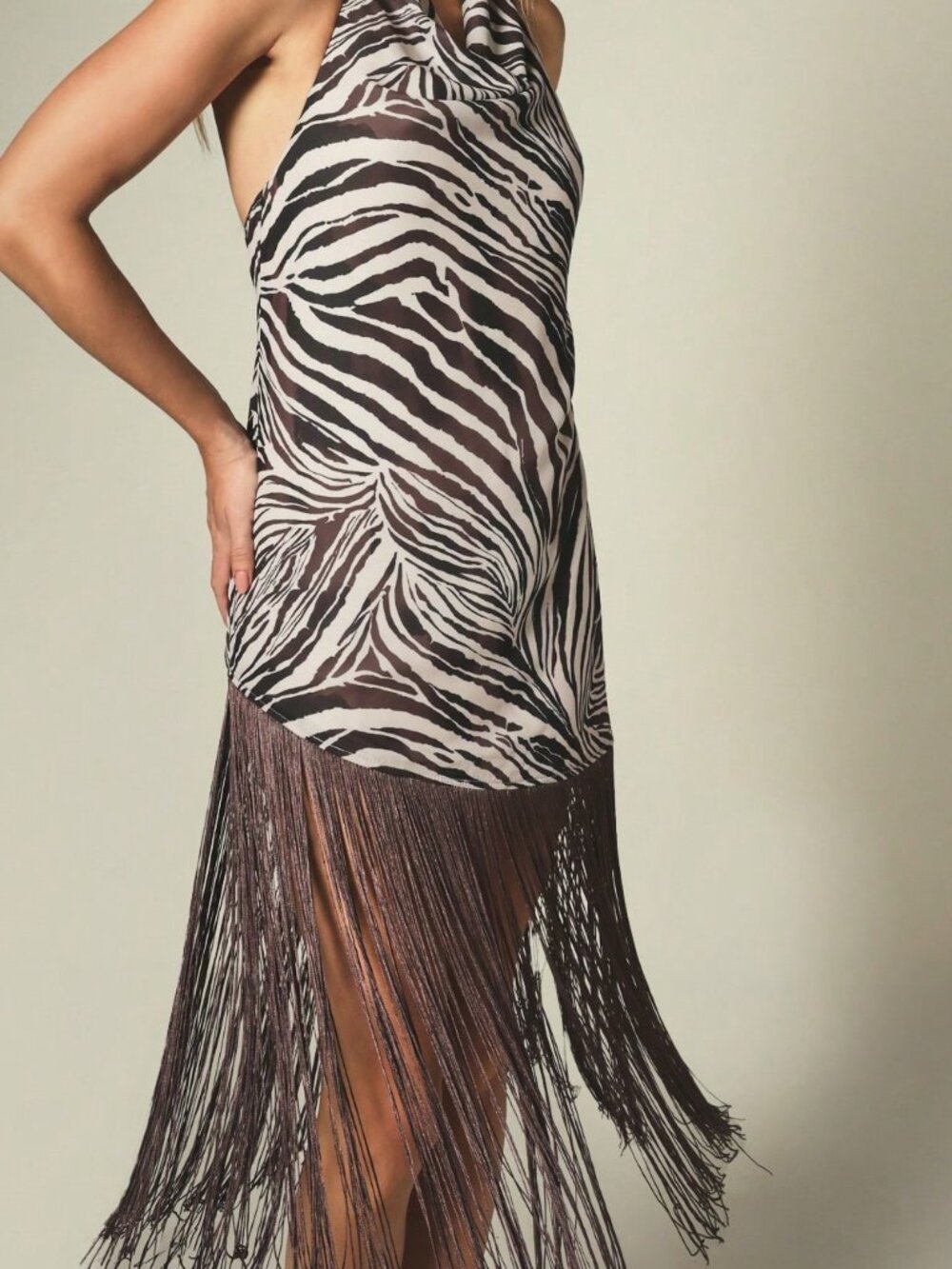 Multicolor Elegant Women's Zebra Print Cowl Asymmetrical Fringe Hem Midi Dress - Picture 5 of 5